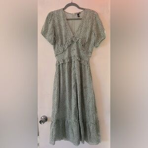 Sage Green Polka Dot Ruffle Midi Dress